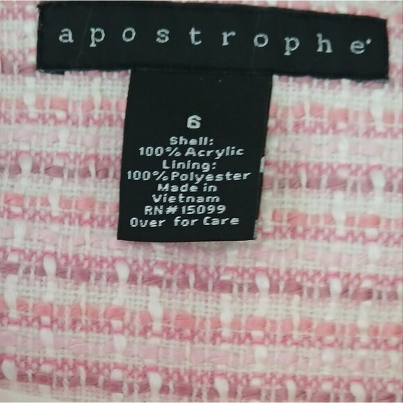 Apostrophe Pink Tweed Blazer Fringe Zipper Front Open Design Pockets Crop Size 6 - Picture 5 of 8